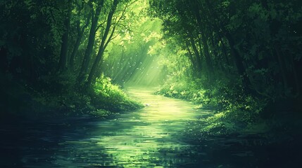 Poster - Serene forest stream reflecting sunlight through lush green trees in a tranquil nature scene