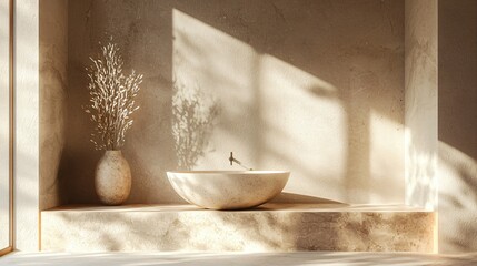 Aufkleber - Serene Bathroom Interior with Stone Sink Vase and Sunlight Casting Shadows on Textured Wall