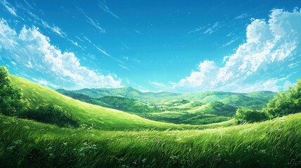 Poster - Serene summer meadow with rolling green hills and bright blue sky in a peaceful landscape