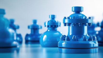 Poster - Blue Industrial Valves and Flanges in a Clean Studio Setting with Soft Lighting and Depth