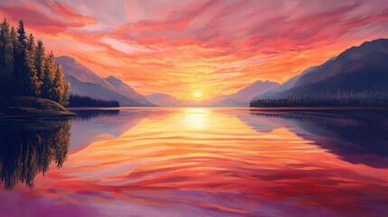 Poster - Fiery lake sunset with mountain silhouettes and vibrant reflections in a serene landscape