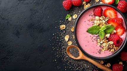 Poster - Delicious and Nutritious Smoothie Bowl Overflowing with a Colorful Arrangement of Fresh Fruits Crunchy Granola and Nutrient Dense Chia Seeds on a Dark Textured Background