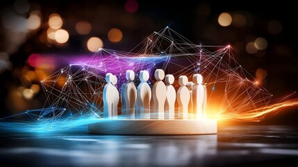 Poster - Double exposure of glowing wooden figures interconnected by a radiant network symbolizing unity and global energy lines flowing between them