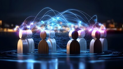 Aufkleber - Illuminated wooden figures emitting soft light connected by a futuristic web of glowing lines symbolizing teamwork progress and innovation in an abstract digital backdrop with dynamic energy waves