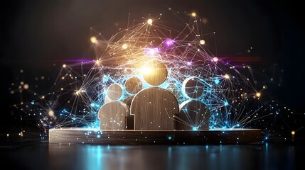 Poster - Abstract digital artwork depicting glowing wooden figures connected by electric blue and golden energy pathways representing the concept of global networking shared progress