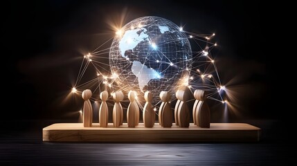 Fototapete - Wooden figures gathered on a wooden board with a glowing planetary sphere above them and an intricate network of links symbolizing harmony connectivity