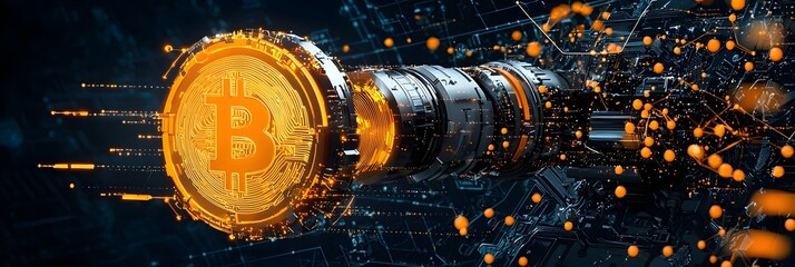 Aufkleber - Digital of a glowing Bitcoin cryptocurrency coin floating amidst a complex and interconnected blockchain network representing the innovation and decentralized nature of the fintech industry
