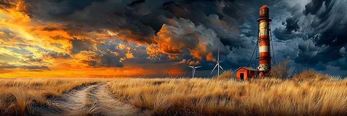 Poster - Dramatic and stormy sunset sky with dark clouds over a countryside landscape featuring wind turbines generating renewable energy  The moody atmospheric lighting creates a powerful and impactful scene