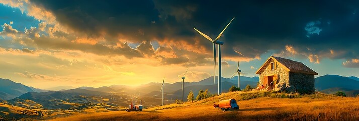 Aufkleber - Dramatic sunset sky with golden clouds and rays of light over a scenic rural landscape with a wind turbine farm generating renewable clean energy