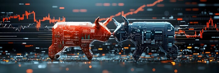 Poster - Dynamic and Evolving Financial Market Trends Illustrated with Digital Bull and Bear Icons on Abstract Data Visualization Chart Representing Price Fluctuations Economic Analytics