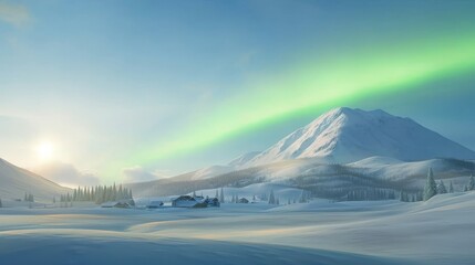 Wall Mural - Majestic mountain landscape with vibrant green aurora borealis, a winter wonderland