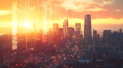 Wall Mural - Golden Hour Metropolis: A Futuristic Cityscape at Dawn