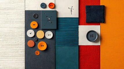 Aufkleber - Elegantly arranged fabric samples buttons and color palettes on a minimalist background showcasing a curated moodboard for fashion interior