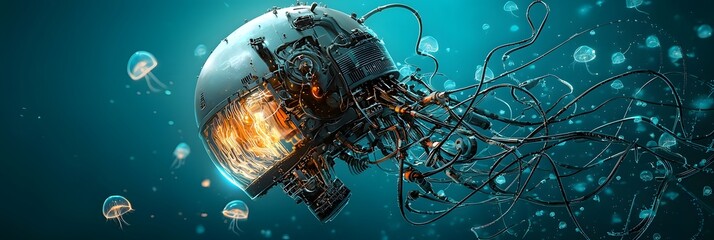 Poster - Enchanting Undersea Expedition Glowing Jellyfish in a Futuristic Alien Landscape  A surreal and captivating digital artwork depicting a mysterious and bioluminescent deep sea world