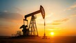 © tuiphotoengineer - Silhouetted oil pump jack standing tall against a warm glowing sunset over a rural oilfield landscape  The pump is the central focus surrounded by a serene atmospheric environment of rolling fields