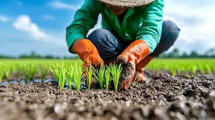 Poster - Farmer carefully planting young rice seedlings in a lush flooded paddy field as part of sustainable agricultural practices  The scene showcases the rural landscape