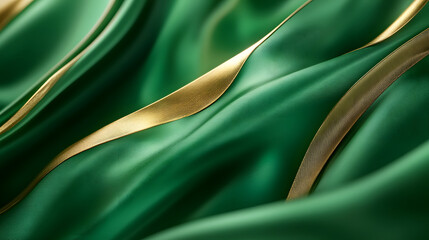 Poster - Green silk fabric with gold stripes and tulip pattern draped elegantly on a surface