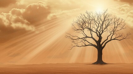 Wall Mural - Sunkissed serenity, a solitary tree in field, embracing nature's tranquil beauty