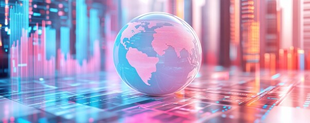 Poster - A digitally rendered globe surrounded by vibrant colors and data visualizations, representing global connectivity and technology.