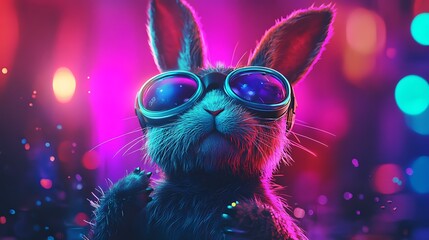 Wall Mural - Cool Rabbit in Neon Lights: A Cyberpunk Bunny