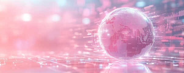 Poster - A glowing digital globe surrounded by abstract data streams in soft pink hues, representing technology and connectivity.
