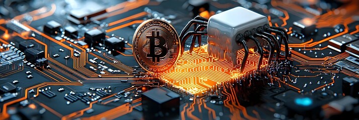 Poster - Glowing Bitcoin Coin and Futuristic Blockchain Network Abstract Background  Digital Cryptocurrency and FinTech Technology Concept