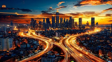 Aufkleber - Glowing City Skyline with Self Driving Vehicles and GPS Navigation Guiding the Way   A futuristic urban landscape with a vibrant