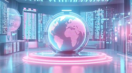 Poster - a futuristic digital environment showcases a glowing globe surrounded by vibrant screens, symbolizin