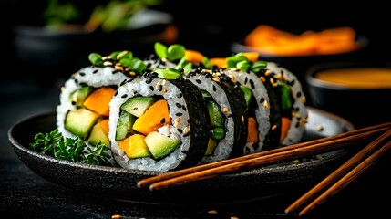 Aufkleber - Homemade Japanese Vegetable Sushi Rolls with Avocado Cucumber and Carrot on a Wooden Plate with Chopsticks  Healthy Vegan and Vibrant Plant Based Meal or Appetizer