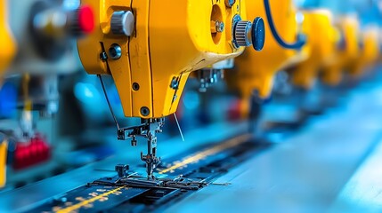 Poster - Industrial sewing machines neatly arranged in a modern garment factory showcasing the efficient and precise production process for textile and apparel manufacturing