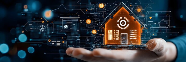 Poster - Innovative smart home technology dashboard featuring a futuristic digital interface for centralized control and optimization of home automation systems including appliances security lighting climate
