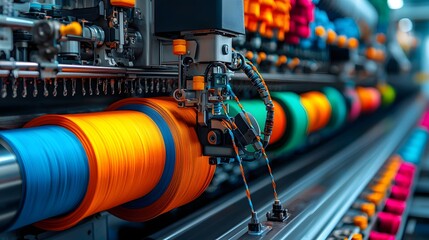 Poster - Large scale textile printing machine operating in an industrial factory producing vibrant patterned fabric rolls in a variety of colors and materials