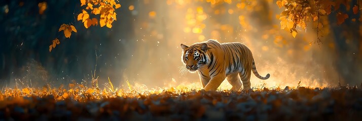 Poster - Majestic tiger prowling through a dense autumnal jungle with vibrant golden leaves and sunlight filtering through the canopy