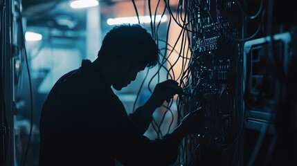 Poster - A technician troubleshooting electronic connections in a dimly lit space, highlighting the intricacies of wiring and the importance of maintenance in modern technology.