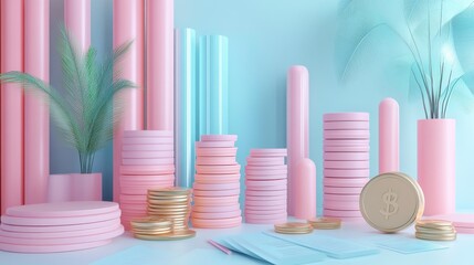 Poster - A modern composition featuring pink and blue cylindrical shapes, coins, and greenery, creating a fresh and vibrant aesthetic.