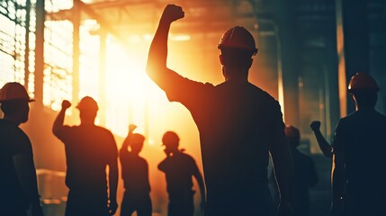 Silhouetted workers raise their fists in solidarity, celebrating teamwork and determination in a dynamic industrial environment. A powerful representation of unity and strength.