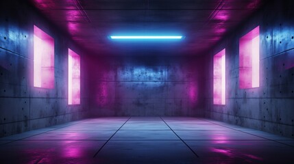 Poster - futuristic sci-fi room with neon lighting and modern concrete walls in a dark atmosphere
