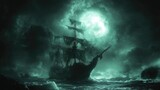 A ghostly ship sails through turbulent waters under a luminous full moon, evoking mystery