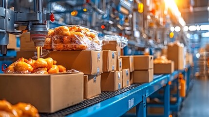 Fototapete - Organized refrigerated storage area with stacked cardboard boxes containing frozen chicken ready for delivery and distribution throughout the supply chain