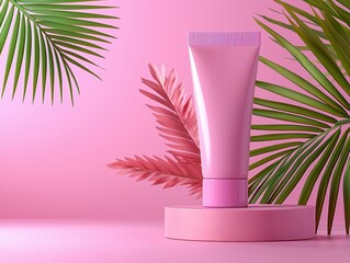 A stylish pink tube of skincare product surrounded by tropical leaves on a bright pink background.