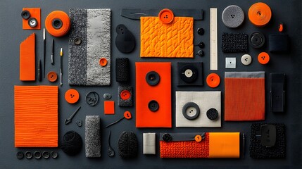 Poster - Overhead view of a creative mood board featuring various fabric samples buttons and color palettes  The composition showcases a minimalist and abstract arrangement of materials and textures