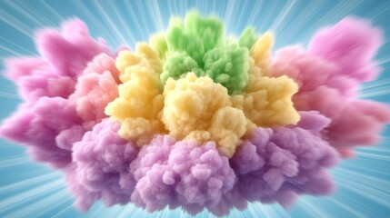 Wall Mural - Colorful cloud like smoke explosion against a light blue background with radiating light effect