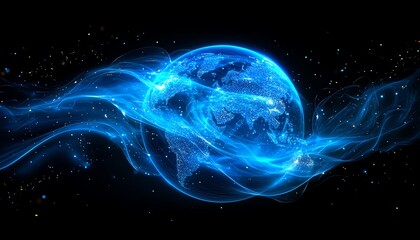 Poster - Abstract world globe with connected lines, representing global network, internet connectivity, and worldwide communication, digital design elements