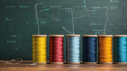 Poster - Rows of vibrant multicolored thread spools arranged neatly on a vintage sewing table or workbench showcasing a variety of textile materials and craft supplies