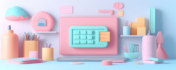 Poster - A colorful, modern workspace with a pastel keyboard, stationery, and decorative elements, creating a vibrant and creative atmosphere.