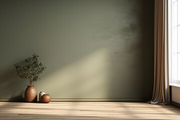 Poster - modern minimalist interior with green wall, wooden floor, potted plant, and natural light streaming 
