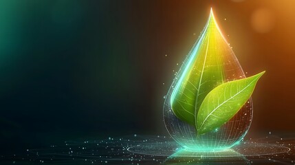 Leinwandbilder - Futuristic biofuel energy concept featuring a glowing green droplet with a sleek modern leaf integrated into its design  The drop emits a soft luminescence symbolizing clean energy and sustainability