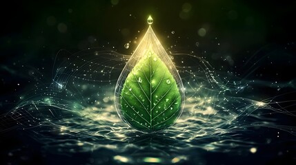 Aufkleber - visualization of biofuel energy featuring a vibrant green drop with a fresh dewdrop covered leaf attached to it  The glowing liquid symbolizes renewable energy sourced from nature