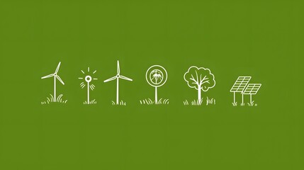 Poster - Minimalistic featuring a set of 15 outline icons representing various renewable green energy sources and sustainability concepts  The collection includes symbols for solar power wind turbines