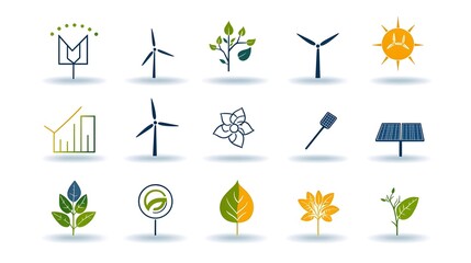 Poster - Minimalist line art of 15 green energy icons in a cohesive uniform style  Includes eco friendly symbols such as wind turbines solar panels energy efficient buildings leaf power hydroelectric dams
